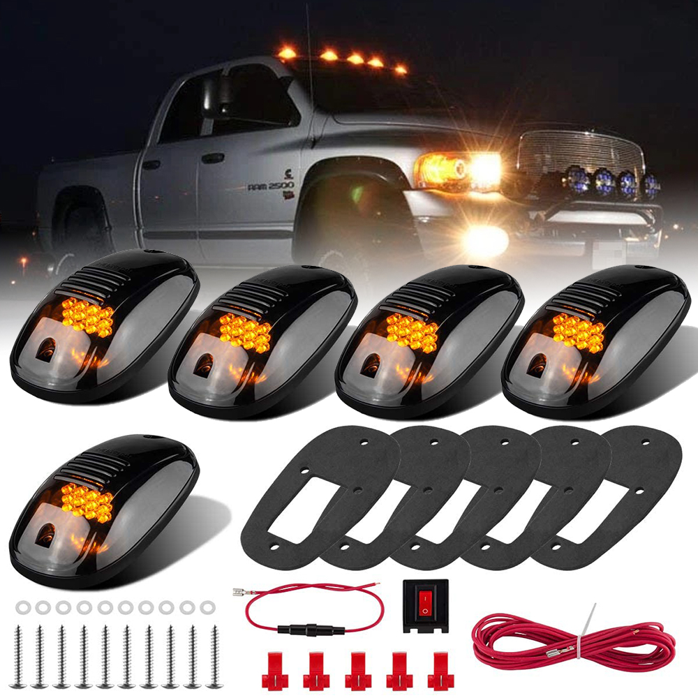 Partsam 5x 264146CL Clear Cover Lens Cab Marker Roof Running Clearance Light White T10 194 5-5050 LED Bulbs Wiring Pack Replacement For 2003-2018 Dodge Ram 1500 2500 3500 4500 5500 