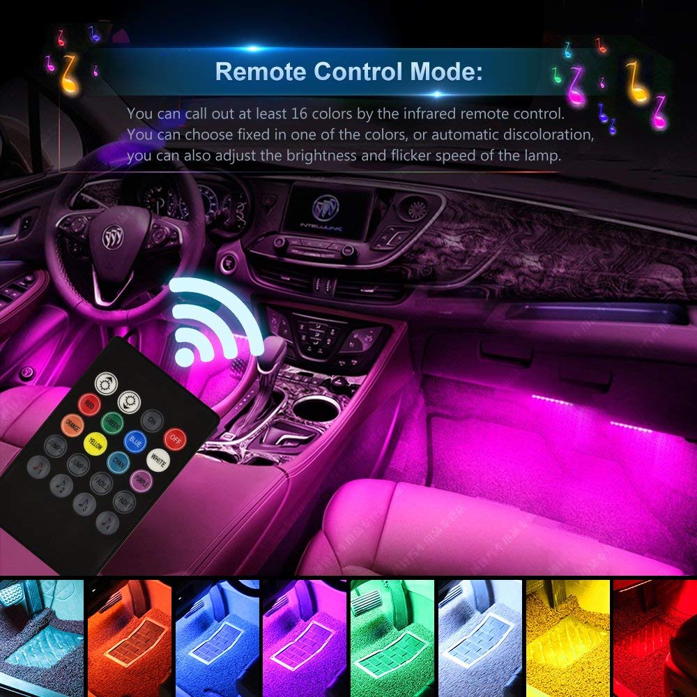 Multicolor LED Car Lights with Car Charger Interior Car Lights DC 12V 4 Pack Car LED Lights 48 LEDs Music Under Dash Car Lighting Kits with Sound Active Function and Remote Control 