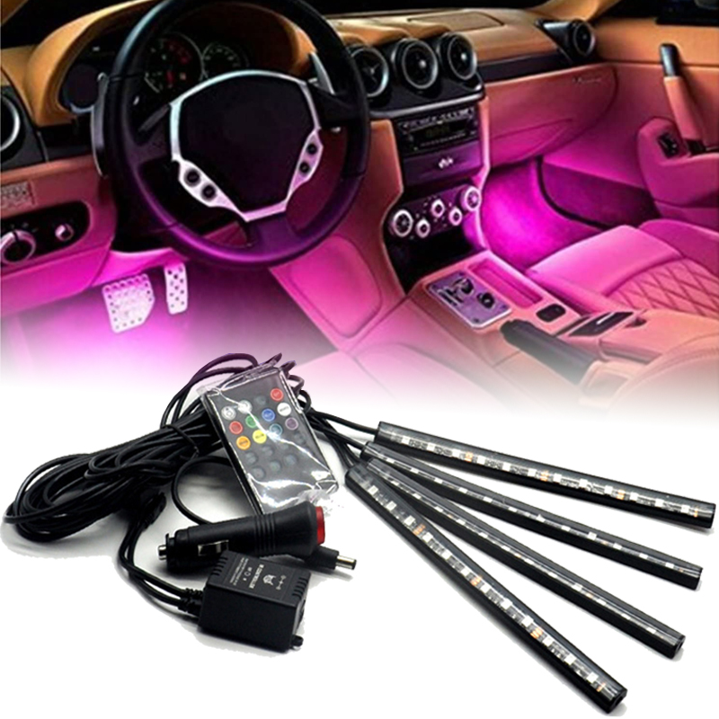 4PCS 48 LED Car Interior USB Atmosphere Lights Strip Wireless IR Remote Control 